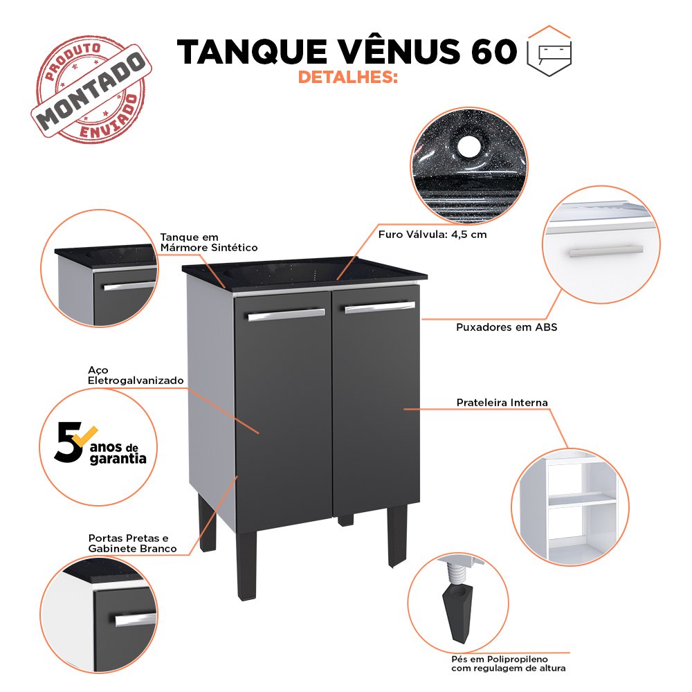 Gabinete com Tanque Lavanderia Aço Vênus 60 Cozimax - Preto com