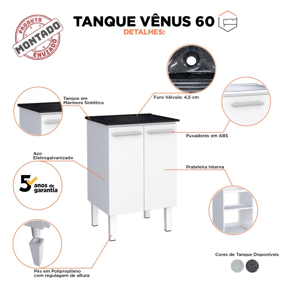 Gabinete com Tanque Lavanderia Aço Vênus 60 Cozimax - Preto