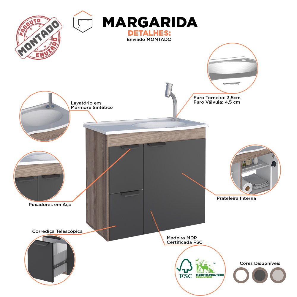 Gabinete Banheiro Madeira Margarida 60 Cozimax - Preto com