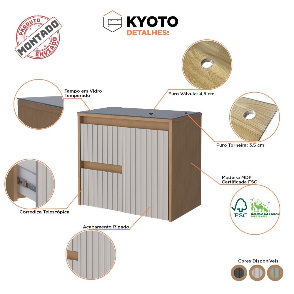 Gabinete Banheiro Madeira Kyoto 60 Cozimax - Off White com