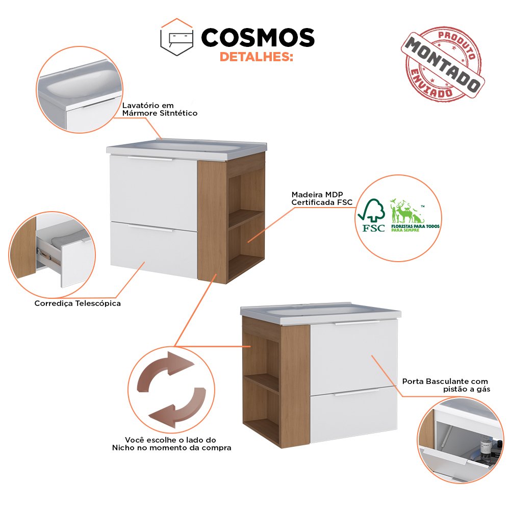Gabinete Banheiro Madeira Cosmos 60 Cozimax - Lado Esquerdo - 60