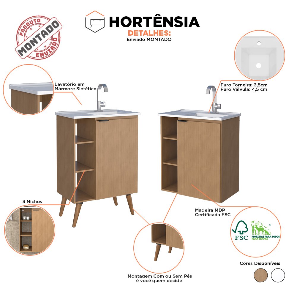 Gabinete Para Banheiro Madeira Hortênsia Cozimax - Jequitibá - 60